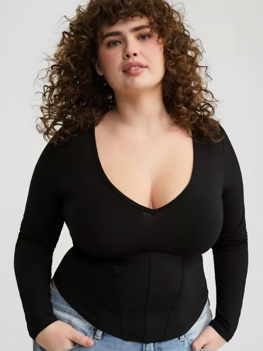 Torrid Plus Black Corset Top V-Neck Long Sleeve Fitted Stretch Cotton Shirt 28